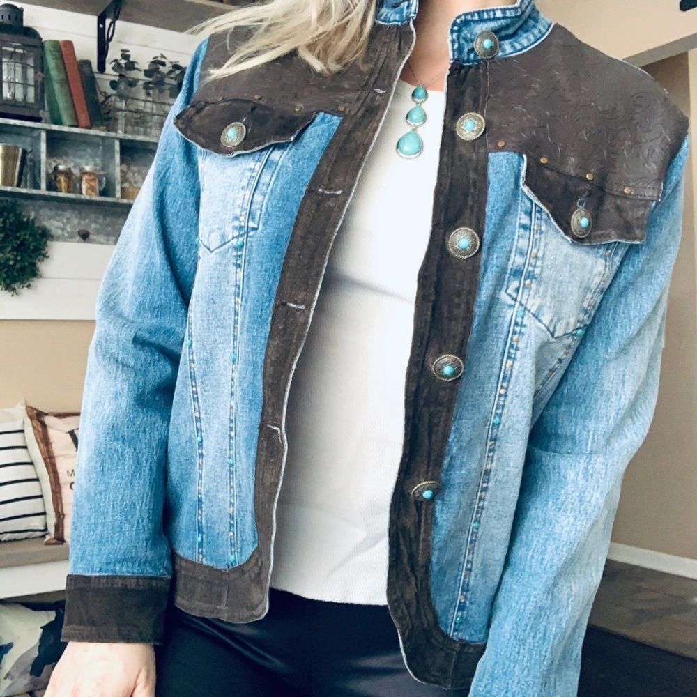 Vintage western Diane Gilman suede rodeo cowgirl button up denim jacket - Picture 3 of 8